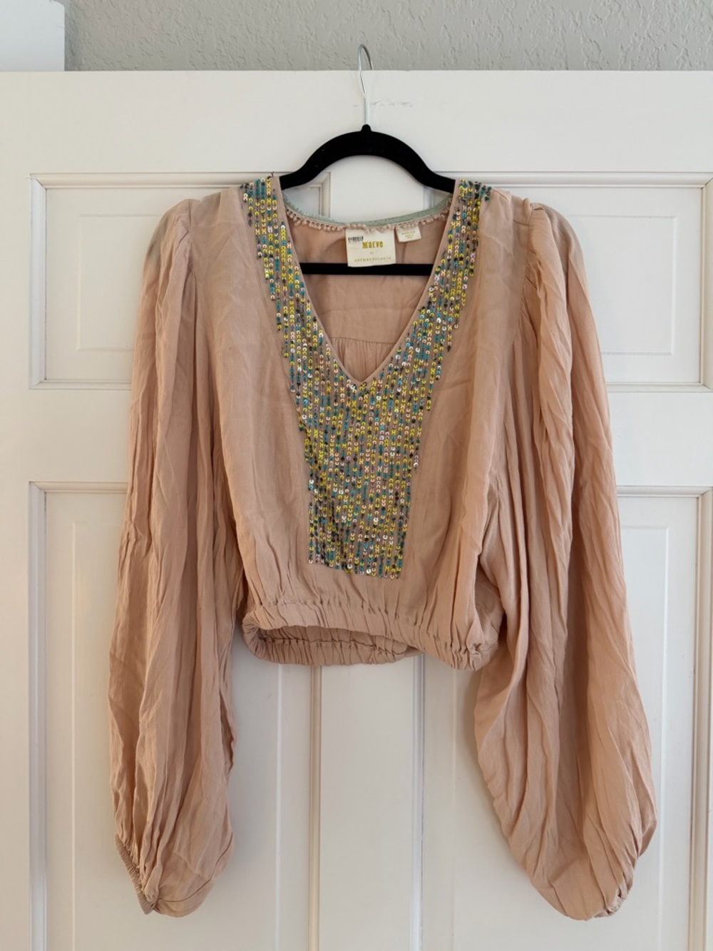 Maeve Anthropologie Sequin Bib Peasant Blouse Peach Puff Sleeve Boho Top